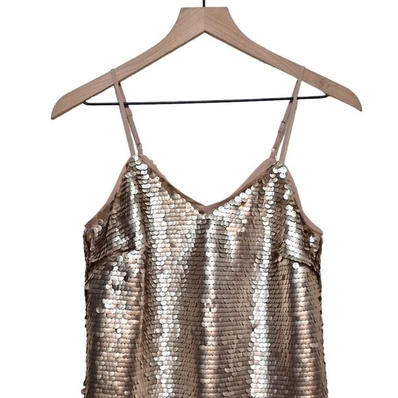 CeCe Bohemian Luxe Blush Gold Sequined Feather-Trim Slip Dress Sz 2 - Picture 3 of 10
